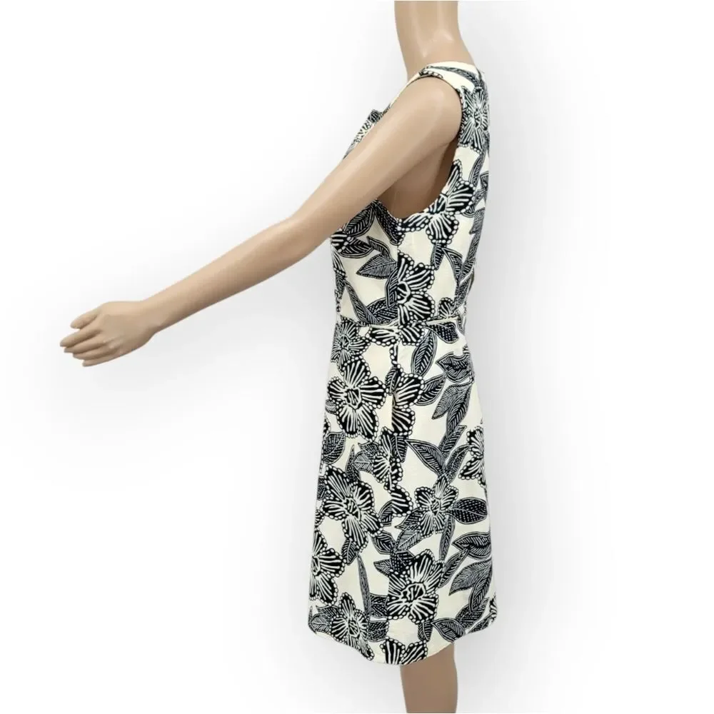 J Crew Women Sleeveless Polynesian Floral Print Dress Ivory Black A-Line Cotton